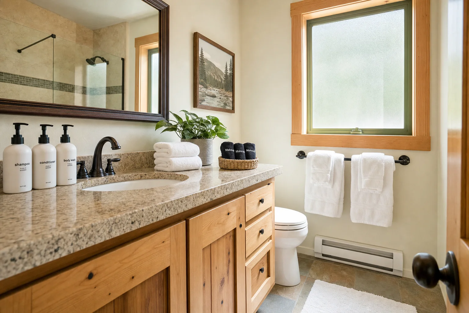 A freshly restocked vacation-rental bathroom — quality towels, shampoo, conditioner, and body wash at wholesale pricing
