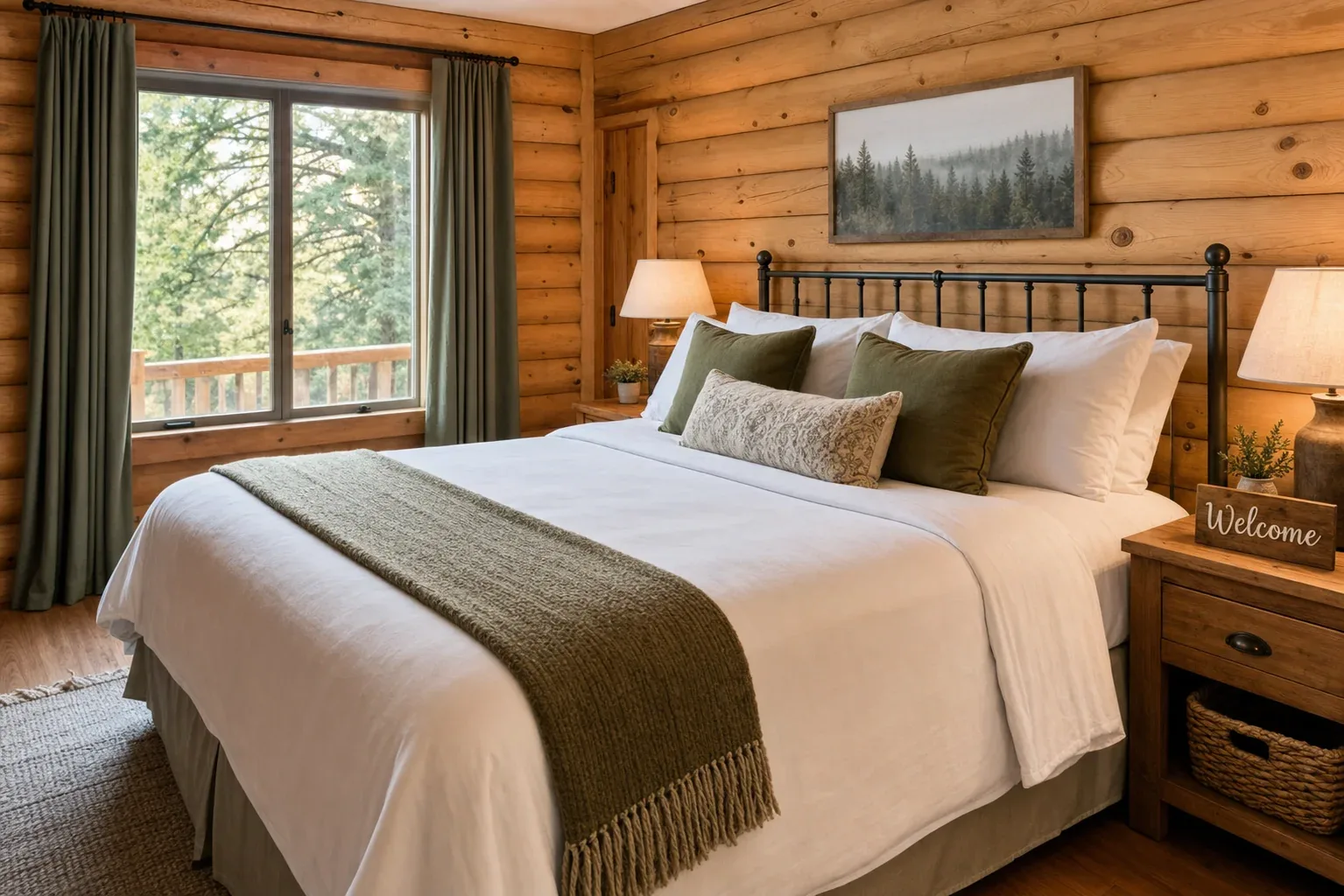 A cozy cabin bedroom with a welcome board — the kind of thoughtful touch guests remember and return for