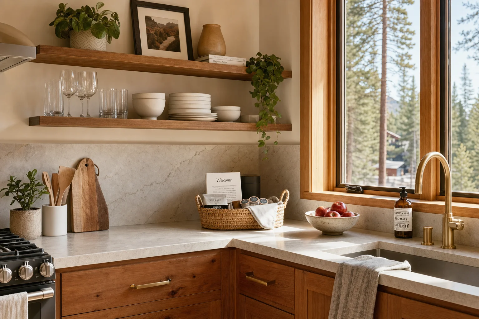 A guest-ready vacation-rental kitchen after a turnover clean — clean countertops, restocked coffee and supplies