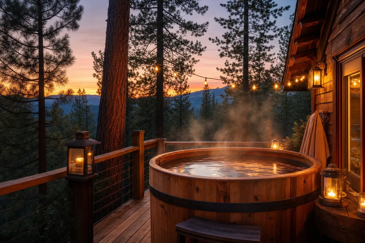 Hot tub on a cabin deck surrounded by pines at dusk