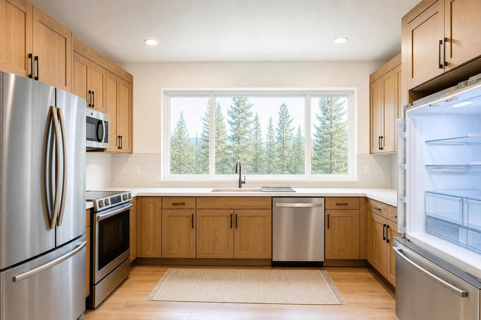 An empty, spotless deep-cleaned kitchen — gleaming appliances, clean surfaces, move-out ready